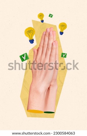 Magazine template collage of praying hand gesture asking for genius great ideas for company work progress Royalty-Free Stock Photo #2300584063
