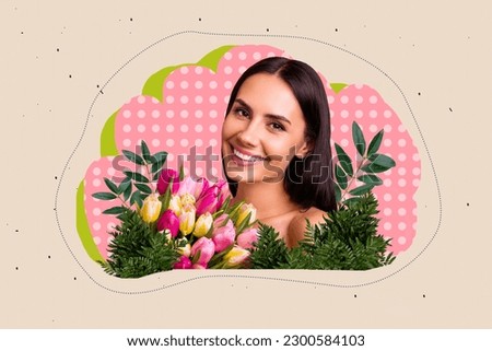 Composite collage portrait of positive pretty girl fresh tulip flowers green plant leaves isolated on drawing beige background