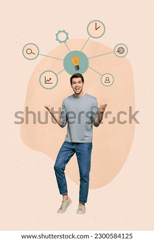 Poster collage of guy have brilliant clever idea about optimization automation work business company for growth development