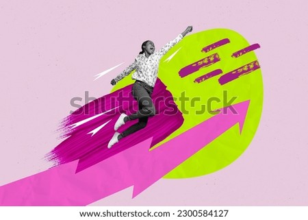 Template magazine picture collage of excited happy lady worker fast flying up to job promotion career chance following arrow