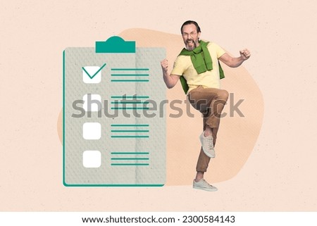 Magazine collage template of mature guy writing complete work hospital insurance form achieve success in signing documents