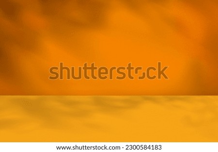 Autumn Fall background,Concrete Orange color Studio room with podium and Leaves shadow overlay on wall,Empty Backdrop texture with Floor Cement,Scene Product Display for Sale, Presentation  Royalty-Free Stock Photo #2300584183