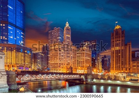 Cityscape of Chicago Riverwalk at Dusable bridge over Michigan river , Chicago city, USA Royalty-Free Stock Photo #2300590665