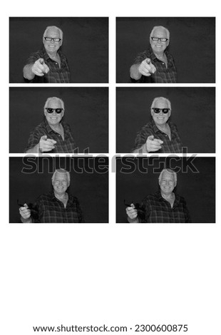 Photo Booth. Photo Booth Pictures. A man smiles and poses while in a Photo Booth. Black and White. A handsome man laughs, smiles, and poses with crazy props while in a Photo Booth. 