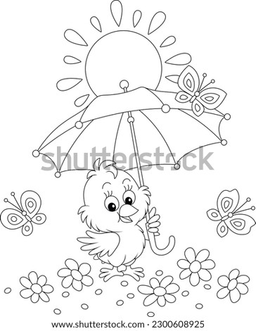 Funny baby chick with a striped umbrella and merrily flittering butterflies among flowers on a sunny summer day, black and white outline vector cartoon illustration for a coloring book