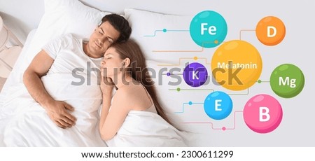 Banner with lying couple in bed and set of micronutrients for healthy sleep