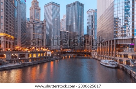 Cityscape of Chicago Riverwalk at Dusable bridge over Michigan river , Chicago city, USA Royalty-Free Stock Photo #2300625817