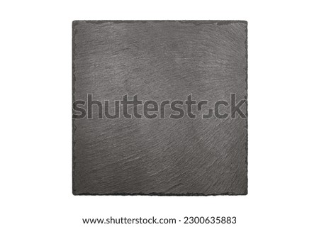 Black slate board in the shape of a square on a white background. Empty space for text or design image. Thin slate coaster for cooking or restaurant menus. Free space for text. Black square top view