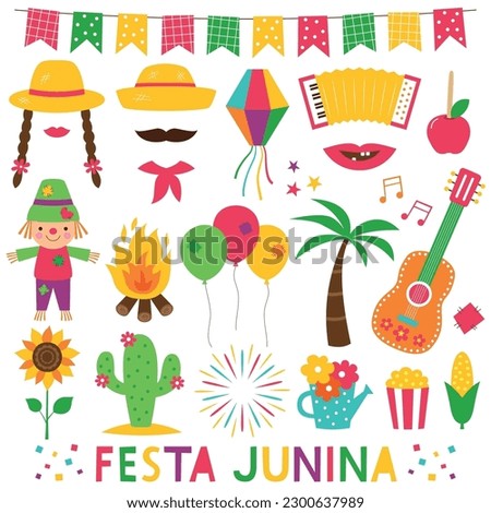 Festa Junina (traditional Brazil June party), colorful vector icons set