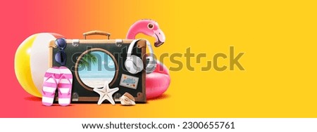 Vintage suitcase with beach accessories and porthole: there is a tropical beach inside, summer vacations concept
