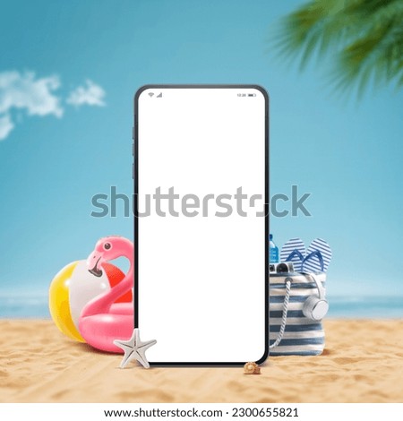 Smartphone with blank screen and beach accessories on the sand: book your summer vacation online Royalty-Free Stock Photo #2300655821