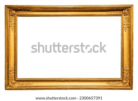 old horizontal long rococo gold picture frame isolated on white background with cut out canvas Royalty-Free Stock Photo #2300657391