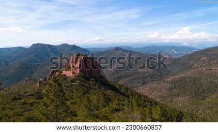 Aerial photo of the Massif de l'Estérel, trails and Pic de l'Ours, in Saint-Raphaël in Provence, France