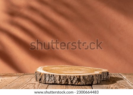  Slice wooden podium round saw cut of a tree on a brown background. Still life for the presentation of products. palm shadows. Copy space.