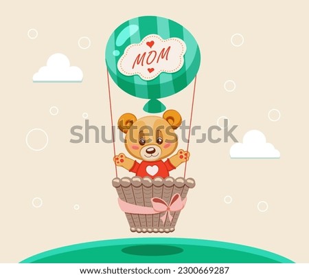 Cartoon cute teddy bear flying in green hot air balloon with word mom on it and basket with ribbon. Festive template for mother's day greeting card. Vector illustration. 