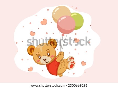 Cartoon happy cute little bear on pink background with hearts flying on balloons. Isolated design element greeting card, birthday, mother's day, valentine's day, baby shower, party, invitation. Vector