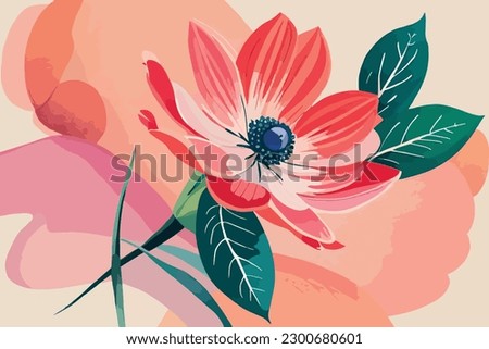 Anemone Flower Watercolor Floral design with green leaf