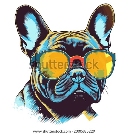 Illustration of cool french bulldog wearing sunglasses, t-shirt design, vector, cartoon style