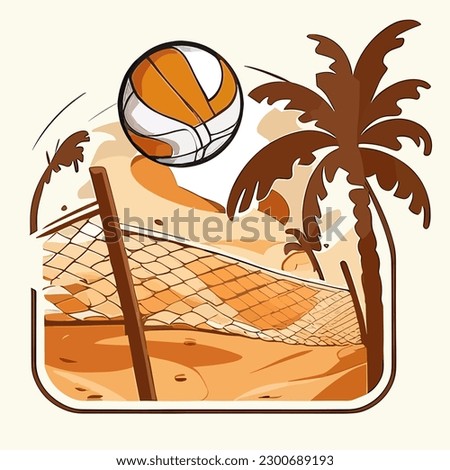 Beach volleyball court with palm trees on the beach. Sports disciplines. cartoon vector illustration, white background, label, sticker