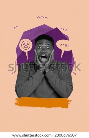 Photo banner of young frustrated scared worried guy touch cheekbones screaming psychological pressure isolated on purple background