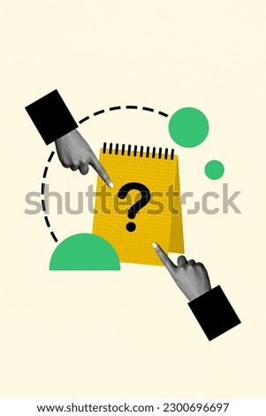 Collage photo of fingers pointing notebook question mark no idea organizer planning schedule written no answer isolated on beige background