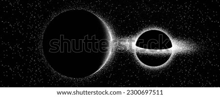 Black hole with disc of plasma  in space. Supermassive singularity in core off a galaxy, with noise texture . Event horizon .Vector illustration