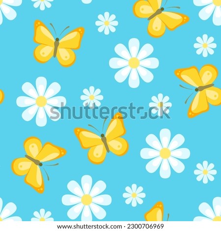 Yellow butterflies and white daisy on blue background. Floral seamless pattern. Vector simple flat illustration.