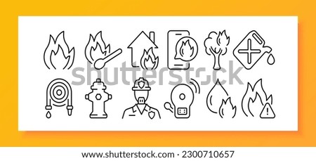 Fire safety icon set. Rrevention education, fire detection and suppression, and evacuation planning. Safety. Vector line icon for Business and Advertising