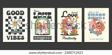 groovy 70s posters with positive quotes, vector illustration Royalty-Free Stock Photo #2300713421