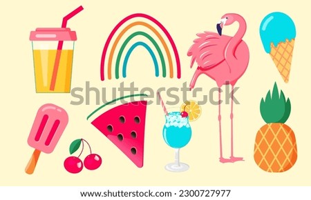 Set of summer icons food, drinks, fruits and flamingo. Vector illustration