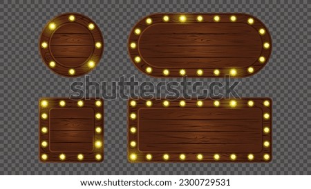 Wooden retro light sign board game banner vector. Cartoon oval plank frame with led neon lit. Wood texture signboard ui button on transparent background. Timber notification message panel set Royalty-Free Stock Photo #2300729531