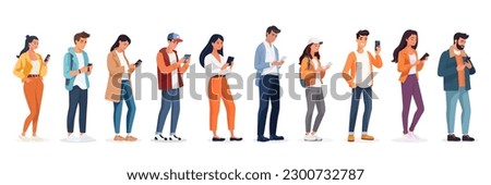 Young People - Man Woman - Looking on Smartphones and Chatting. Happy Boy, Girls, Men, Women Talking, Typing on Phone. Female, Male Flat, Cartoon Characters Set, Collection. Vector Illustration Royalty-Free Stock Photo #2300732787