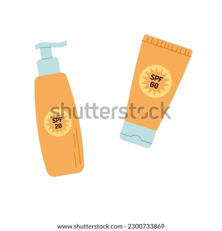 SPF bottle and tube set. Sunscreen protection and sun safety. Sunscreen cream, lotion, spray collection. Royalty-Free Stock Photo #2300733869