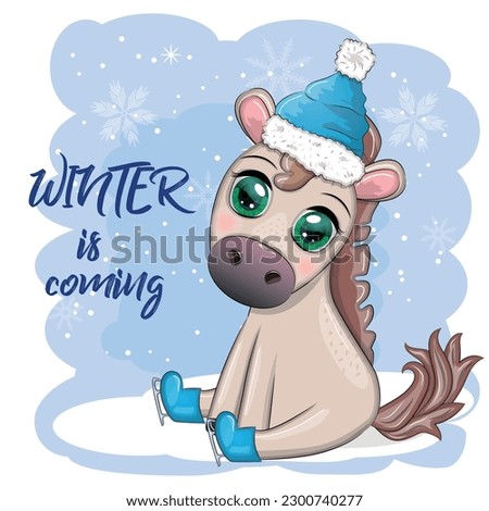 Cute horse, pony in Santa's hat with candy kane, Christmas ball, gift, ice skating. Winter is coming, Christmas postcard