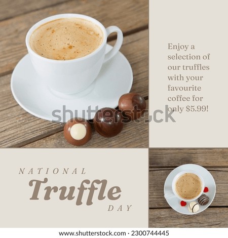 Composition of national truffle day text chocolates and coffee in background. National truffle day and chocolates concept digitally generated image.