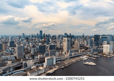 Aerial view of Odaiba Harbor in Minato City, Tokyo, Japan