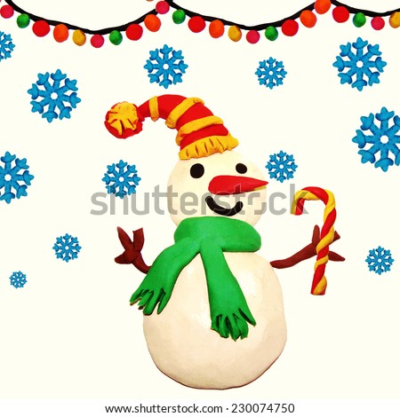  Snowman of plasticine. Christmas card.
