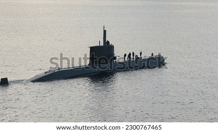 Italian Naval submarine ship on her way back from Sea Trial in Augusta, Sicily, Italy Royalty-Free Stock Photo #2300767465