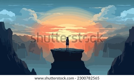 anime character standing on a cliff overlooking a fantasy Royalty-Free Stock Photo #2300782565