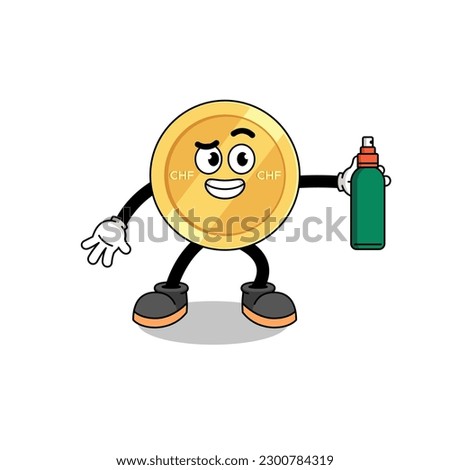 swiss franc illustration cartoon holding mosquito repellent , character design