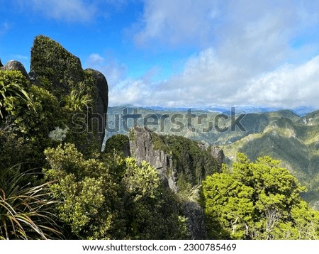 
Aerial view of the lush green Pinnacles hike in Coromandel, NZ. Spectacular natural reserve for outdoor adventures  ecotourism with a picturesque backdrop. Royalty-Free Stock Photo #2300785469