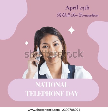 Composition of national telephone day text and biracial woman talking on smartphone. National telephone day and communication concept digitally generated image.