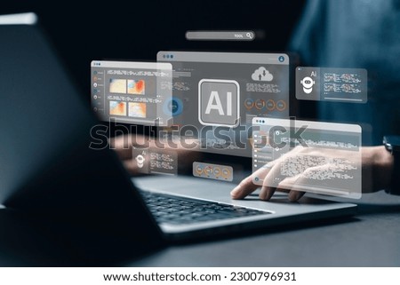 man using the website or software technology AI to help and support work for chatbot, chat ai, generate image, write code, and data analysis using technology smart robot AI Royalty-Free Stock Photo #2300796931