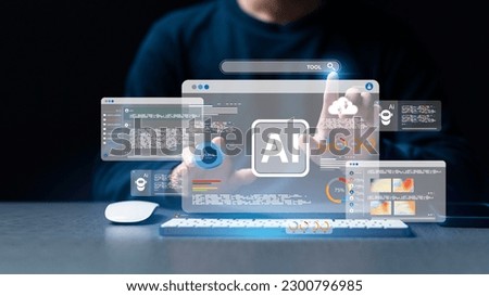 man using the website or software technology AI to help and support work for chatbot, chat ai, generate image, write code, and data analysis using technology smart robot AI Royalty-Free Stock Photo #2300796985