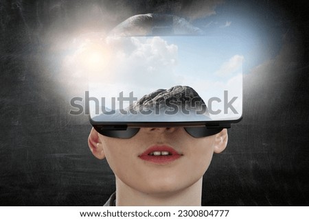 Woman wearing virtual reality goggles Royalty-Free Stock Photo #2300804777