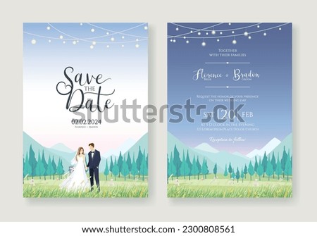 Wedding Invitation, save the date, card template. Vector. The bride and groom stood in a field of flowers. Behind it is a beautiful mountain range.