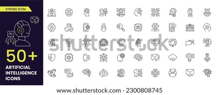 Artificial intelligence line icons. Editable stroke thin icon set with machine learning, set of brain, ai, head, machine, technology, AI chat and more.  Royalty-Free Stock Photo #2300808745