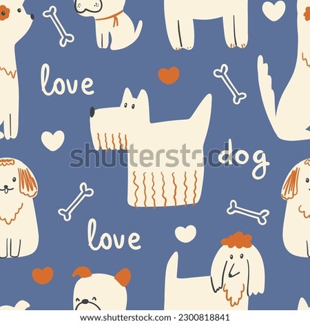 Dogs seamless pattern. Cute animals in simple naive hand-drawn Scandinavian trendy cartoon style. Ideal for a nursery, baby clothes, textiles, packaging.