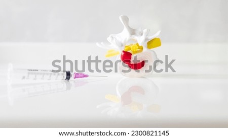 Anatomy model of human spine shows hnp and medical syringe with clean table background and reflection.Steroid injection technology for back pain.Spinal mock up with blur space.Patient education. Royalty-Free Stock Photo #2300821145