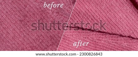 BEFORE AFTER effect of Anti-pilling razor. Banner Device for shaving pellets clothes. Anti-Plush fabric Shaver. Electric portable sweater pill defuzzer Lint remover from acrylic or wool sweater Royalty-Free Stock Photo #2300826843